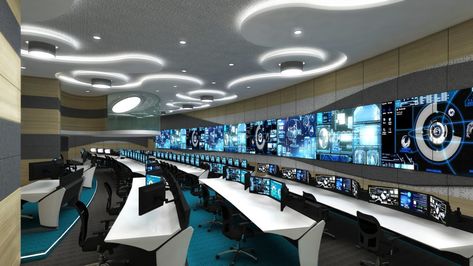 Futuristic Control Room, Control Room Design, Technology Room, Monitoring Room, Futuristic Rooms, High Tech Interior, Futuristic Office, Security Room, Sci Fi Building