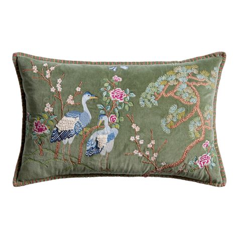 Sage Green Velvet Crane Embroidered Lumbar Pillow - World Market Aesthetic Decorative Pillows, Apartment Shopping, Dark Cottage Core, Statement Pillow, Green Throw Pillow, House Vibes, Empty Nest, Blue Room, Green Throw Pillows