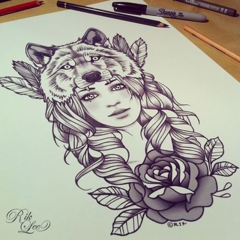 I have a version of this also but with a stag skull and some other symbols from… Wolf Head Tattoo, Wolf Girl Tattoos, Rik Lee, Wolf Headdress, Tattoo Wolf, Kunst Tattoos, Head Tattoo, Geniale Tattoos, Tattoo Meaning