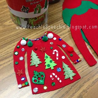 ugly sweater craft Haha! What a good craft for kids to do as ornaments during Advent. The sticker crafts can often turn out random anyway, now it's part of the process! Ugly Sweater Craft, Peachie Speechie, Sticker Crafts, Christmas Diy's, Ugly Christmas Sweater Ornament, Diy Ugly Christmas Sweater, Ugly Sweater Contest, Baby Mobil, December Crafts