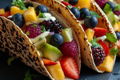 Fruit Tacos Fruit Tacos, Fruit Taco, Cream Cheese Pasta, Healthy Dessert Options, Cheeseburger Pie, Homemade Comfort Food, Fruity Treats, Taco Ingredients, Healthier Desserts