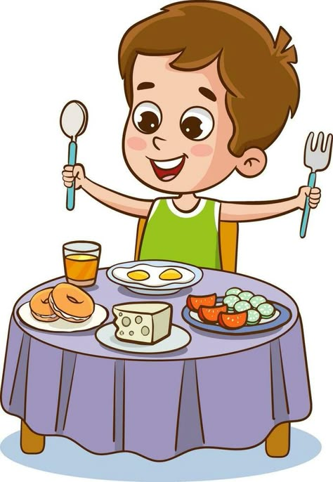 vector illustration of cute children having breakfast Eat Breakfast Cartoon, Eat Healthy Food Illustration, Yash Drawing, Breakfast Drawing, Breakfast Cartoon, Cartoons Eating, Breakfast Illustration, Breakfast Clipart, Bee Images