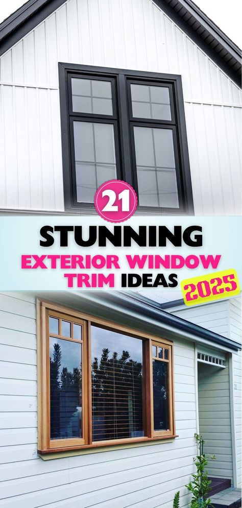 Elevate your home's exterior with these fresh window trim ideas for 2025. Learn how the right trim can transform any house. Black Exterior Windows With Black Trim, Replacing Window Trim, Board And Batten Window Trim Exterior, Farmhouse Window Trim Exterior, Trim Windows Interior, Front Windows Exterior, Window Styles For Homes Exterior, Outside Window Trim Ideas, Window Trim Design