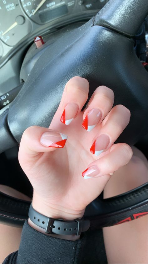 Red Nail With White Tip, Red Tips Nails Acrylic, Red White Tip Nails, White And Red Nails Acrylic Short, Red And White Tips Nails, Red And White French Tip Acrylic Nails, Red And White French Tip Nails Coffin, White Nail With Red Tip, Red And White Nail Ideas Acrylic