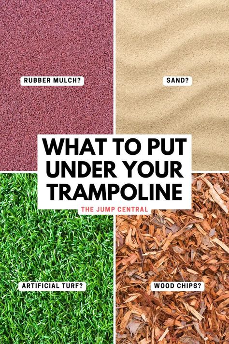 Looks for ideas for what to put under your trampoline to keep kids safe? Whether you just got a new trampoline or are looking to improve the safety of your backyard trampoline, here are some of the best materials to put under your trampoline in case of a fall. Under Trampoline Ideas Backyards, Outdoor Trampoline Ideas Backyards, Trampoline Ideas, Garden Trampoline, Rubber Mulch, Mulch Landscaping, Yard Ideas Backyard, Patio Plans, Outdoor Trampoline