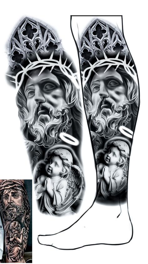 Leg Tattoos For Men, Jesus Tattoo Design, Heaven Tattoos, Half Sleeve Tattoos Drawings, Full Leg Tattoos, Realistic Tattoo Sleeve, Statue Tattoo, Full Sleeve Tattoo Design, Chicano Art Tattoos