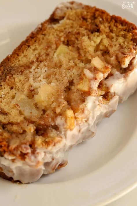 One slice of apple fritter bread on a white plate. Apple Fritter Donut, Apple Fritter Cake, Celebrating Sweets, Apple Fritter Bread, Apple Donuts, Apple Fritter, Cake Aesthetic, Blueberry Bread, Holiday Favorite Recipes