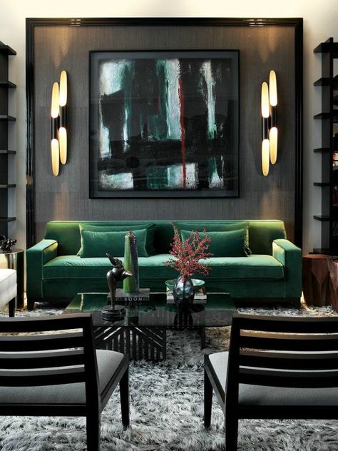 Emerald & Black Real Estat, Decor Ikea, Black Living Room, Green Furniture, Green Sofa, Living Room Green, Design Del Prodotto, Decoration Inspiration, Family Rooms