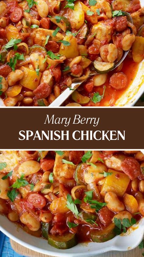 Mary Berry Spanish Chicken Spanish Chicken Casserole, Mary Berry Chicken Recipes, Chicken And Butter Beans, Chicken Bean Recipes, Recipes With Cubed Chicken, Spanish Chicken Recipe, Chicken And Beans Recipe, Spanish Chicken Recipes, Rice Green Beans