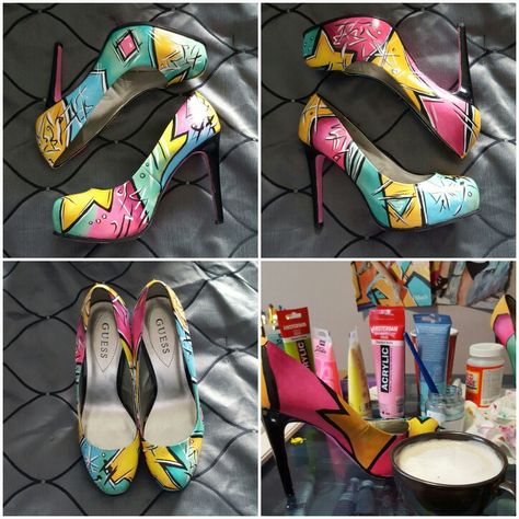 DIY SHOE MAKEOVER I used gloss mod poge and acrylic paint on some black heels I had laying around. The image was inspired by a graffiti wall. Upcycle Shoes Diy High Heels, Customized Heels Diy, Painted Heels Diy, Diy Shoes Makeover, Diy Shoe Makeover, Diy Heels Makeover, Diy Shoes Heels, Painted Heels, Diy High Heels