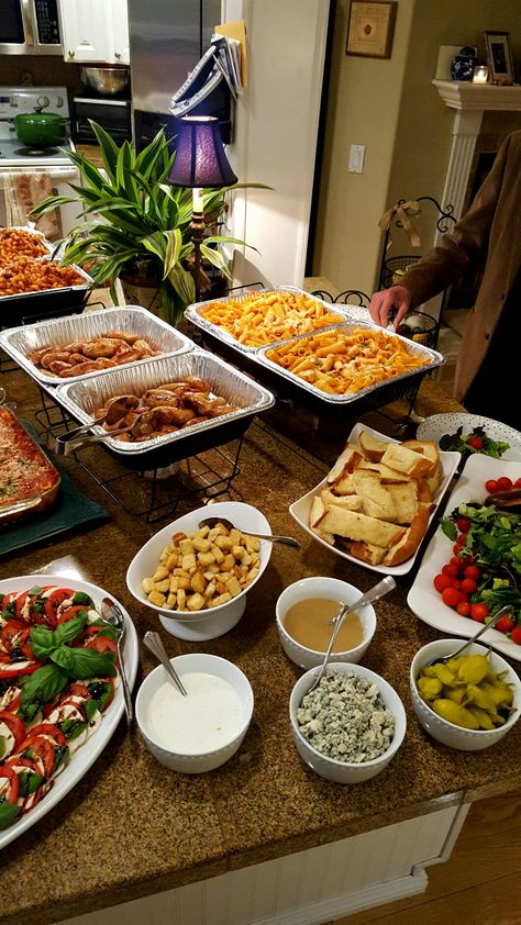 How To Host A Pasta Bar Party, Wedding Dishes Food Buffet Tables, Italian Food Birthday Party Ideas, Pasta Trays For Party, Italian Food Bar Wedding, Pasta Bar Birthday Party, Spaghetti Bar Ideas, Italian Style Buffet, Birthday Pasta Bar