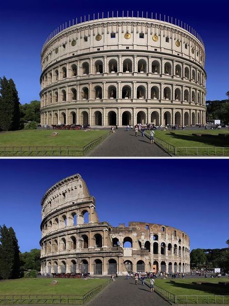 These 11 Images Show What Ancient Roman Structures Used To Look Like And What They Look Like Now Imperiul Roman, Ancient Roman Architecture, Architecture Antique, Circus Maximus, Istoria Artei, Rome Antique, Empire Romain, Roman Forum, Roman Architecture