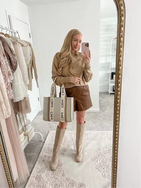 Faux leather shorts with a neutral sweater and Chloe woody tote Woody Outfit, Chloe Woody Tote, Tote Bag Outfit, Neutral Sweater, Neutral Sweaters, Faux Leather Shorts, Winter To Spring, Cold Weather Fashion, Celine Luggage Bag