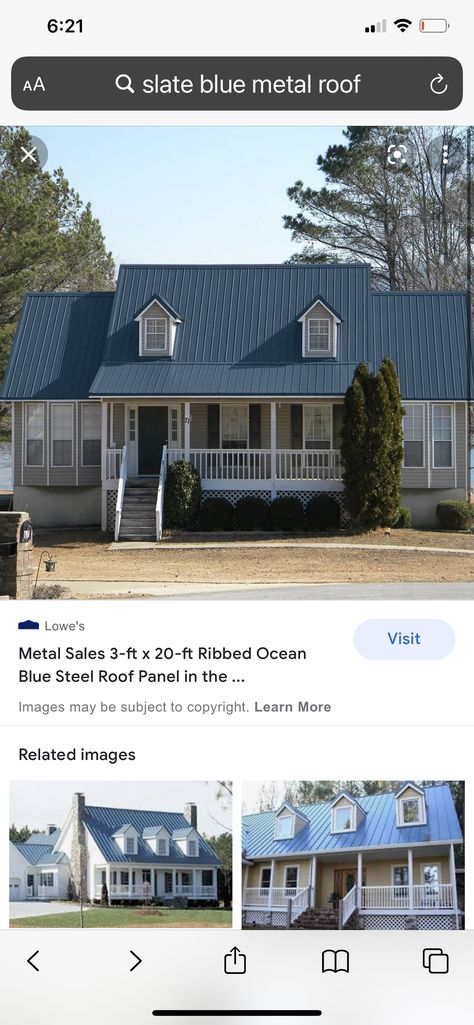 Blue Tin Roof Exterior Colors, White House With Blue Metal Roof, House With Blue Metal Roof, Blue Roof House Colors Exterior Paint, Blue Metal Roof Houses Color Combos, Blue Metal Roof Houses, Slate Blue Metal Roof, Dark Blue Vinyl Siding House, Blue Metal Roof