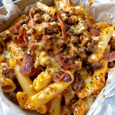 Bacon Cheeseburger Pasta | Bacon Cheeseburger Pasta, Beef Sausage Recipes, Ground Sausage Recipes, Ground Beef Pasta Recipes, Bacon Dinner, Cheesy Pasta Recipes, Beef Pasta Recipes, Cheeseburger Pasta, Ground Beef Pasta