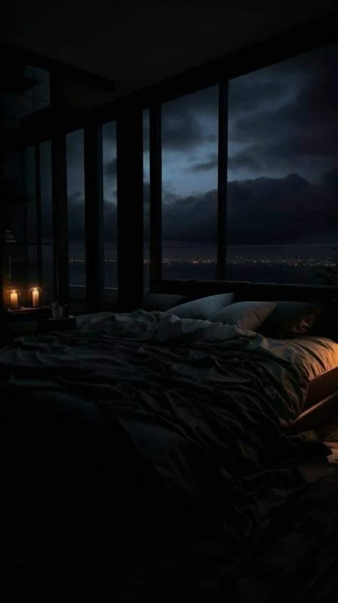 Dark Bedroom Aesthetic, Bedroom Aesthetic Ideas, Penthouse Bedroom, Aesthetic Bedrooms, Bedroom Ideas Aesthetic, Apartment View, Dark Bedroom, Dark House, Bedroom Decor Inspiration