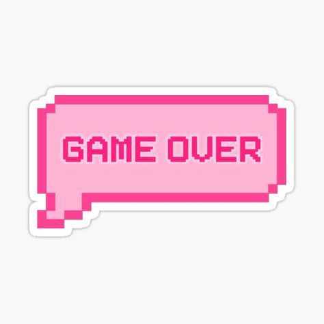 this sticker says 'game over' inside a pink pixelated text box. every design is available on TONS of items including shirts, stickers, magnets, journals, pillows, bucket hats, phone and laptop cases and heaps more. Text Sticker Design, Gaming Collage, Text Box Design, Pixel Stickers, Video Game Stickers, Pink Planner Stickers, Gaming Stickers, Gaming Icon, Stickers Text