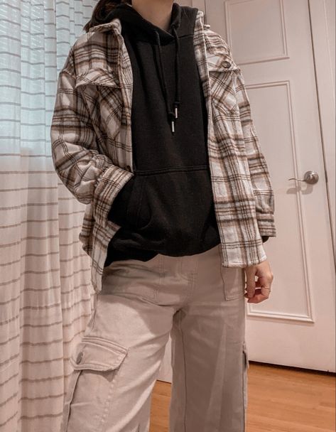 khaki cargo pant flannel black hoodie sweatshirt women’s fashion outfit fall inspo aesthetic OOTD Cargo Pants And Sweatshirt, Shirt Over Hoodie Outfit Aesthetic, Shirt And Cargo Pants Outfit, Sweatshirt And Cargo Pants Outfit, Cargo Pants With Hoodie, Sweatshirt With Flannel Over, Boyfriend Hoodie Outfit, Sweatshirt And Flannel Outfit, Cargo Pants Flannel Outfit