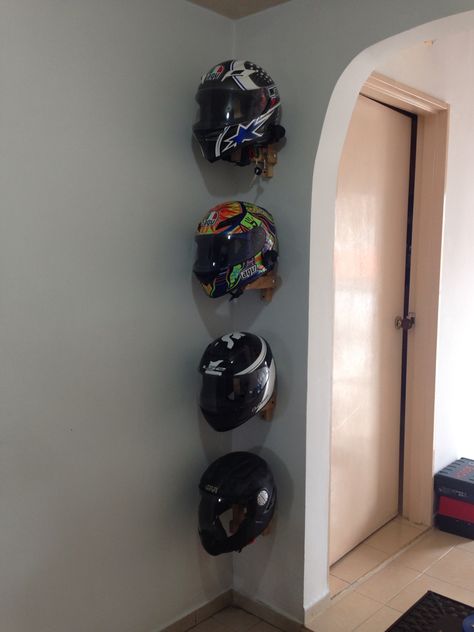 Helmets storage finished Motorbike Helmet Storage, Helmet Storage Ideas At Home, Helmet Hanger Ideas, Helmet Organization Ideas, Helmet Storage Ideas, Motorcycle Helmet Display, Ski Rack Garage, Motorcycle Helmet Storage, Helmet Wall Mount