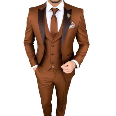 Men's Brown Tuxedo 3 Piece Suit Slim fit One Button Tuxedo Jacket Suit Peak lapel Wedding Groom Dress Lapel Wedding, Brown Tuxedo, Jacket Suit, Peak Lapel, Tuxedo Jacket, 3 Piece Suits, Groom Dress, Wedding Groom, Sport Coat