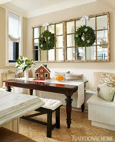 FOCAL POINT STYLING: CHRISTMAS KITCHEN DECORATING IDEAS Furniture Top View, Balcony Wall, Window Pane Mirror, Mirror Dining Room, Diy Backsplash, Dining Room Wall Decor, Christmas Kitchen Decor, Scandinavian Wall, Living Room Mirrors