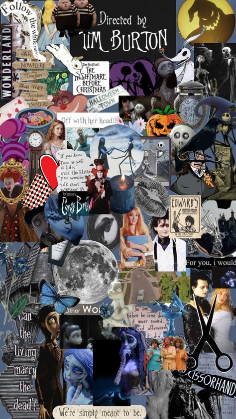 Tim Burton Movie Collage, Tim Burton Movie Marathon, Tim Burton Moodboard, Tim Burton Collage Wallpaper, Tim Burton Core Aesthetic, Tim Burton Movies Wallpaper, Halloween Wallpaper Tim Burton, Tim Burton Bedroom Ideas, Tim Burton Wallpaper Iphone