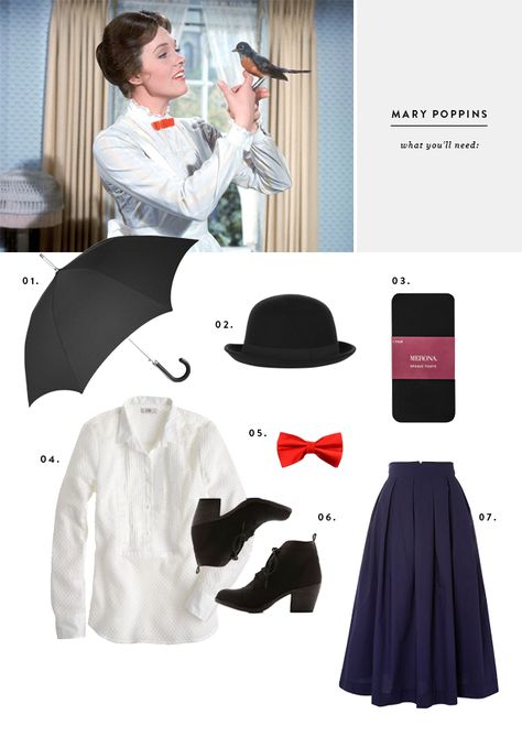 Clever No-Sew Halloween Costume Ideas | Verily Mary Poppins Disfraz, Mary Poppins Halloween, Sew Halloween Costume, Mary Poppins Costume, Costume Carnaval, Clever Halloween, Costume Disney, Clever Halloween Costumes, Book Week Costume