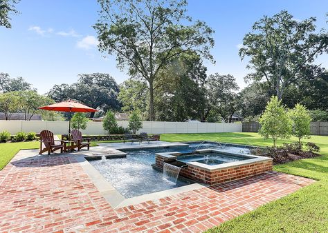 Red Brick House With Pool, Old Chicago Brick Around Pool, Brick Patio Around Pool, Brick Paving Around Pool, Brick Pool, Brick Around Pool, Pool With Brick, Red Brick Pool Deck, Pool With Red Brick