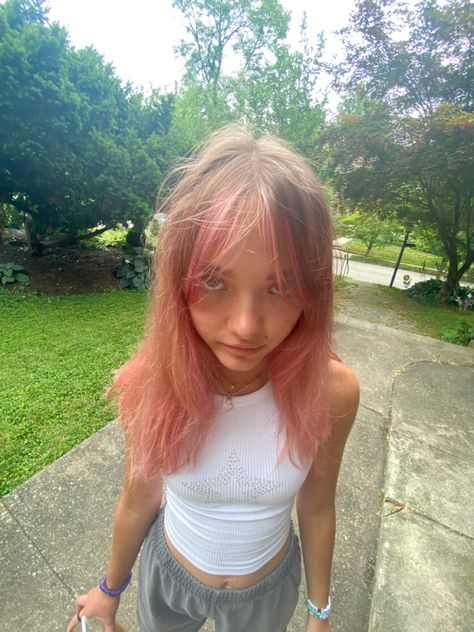 Pink Hair Dye Highlights, Pink Hair On Light Brown Hair, Pink Hair Placement, Growing Out Pink Hair, Tinted Pink Hair, Pink Hair For Summer, Light Pink Underdye Hair, Pink Streaks In Light Brown Hair, Light Pink Hair Underneath