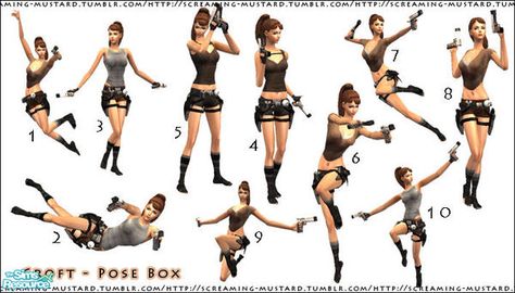 http://www.thesimsresource.com/artists/Screaming_Mustard/downloads/details/category/sims2-objects-furnishing-hobbies-recreation/title/[-croft--pose-box-]-10-lara-match-poses/id/1060522/ Tomb Raider Game, Dynamic Poses, Lara Croft, Tomb Raider, Action Poses, Sims 2, Sims Cc, Sims 4, Mustard