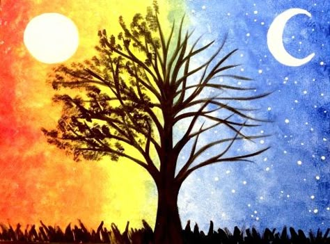 Night Vs Day Art, Split Paintings, Night And Day Art, Tree Painting Easy, Vinyl Record Painting, Contrast Art, Painting Trees, Tree Day, Sun Painting