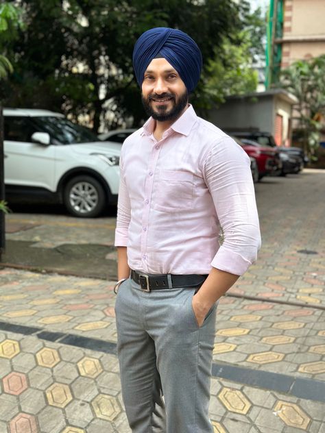 #fashion #recipe #crochet #1 #bollywoodfashion #pink #navy #blue #grey #turban #pagan #mensclothing Turban Colour, Grey Pants, Pink Shirt, Mens Clothing, Bollywood Fashion, Blue Grey, Dark Blue, Navy Blue, Mens Outfits