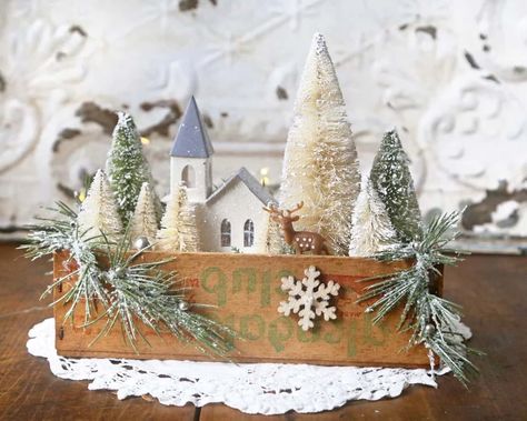 Vintage Style Christmas Decoration Farmhouse Christmas Decor | Etsy Tree Folk Art, Christmas Decor White, Cheese Boxes, Folk Art Christmas, Christmas Cheese, Wood Snowflake, Vintage Christmas Crafts, Christmas Vignettes, Bottle Brush Christmas Trees