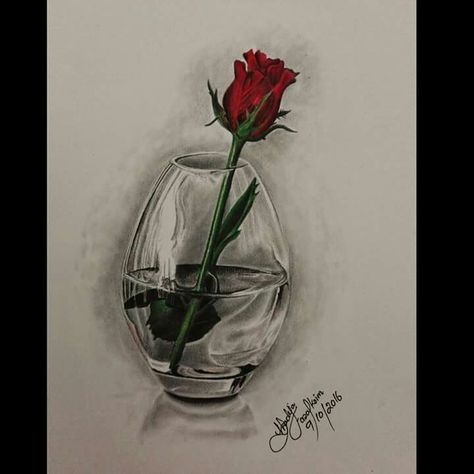 Red Rose in glass Pencil Drawing Glass Pencil Drawing, Jar Drawing, Drawing Digital Art, Drawing Digital, Hand Art Drawing, Hand Art, Pencil Drawing, Red Rose, Art Drawing