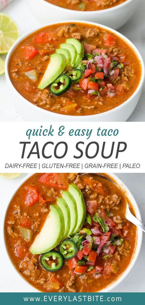 This hearty Whole30 Beef Taco Soup is a cross between a chunky soup and  chili. It’s packed with veggies and ground beef in a richly spiced  broth. This is a great soup to batch cook and freeze for quick meals  during the winter, and best of all it takes just 30 minutes to make.  #dairyfree #whole30 #grainfree #glutenfree Whole 30 Soups, Beef Taco Soup, Whole 30 Soup, Easy Whole 30, Paleo Soups, Easy Whole 30 Recipes, Paleo Soup, Soup With Ground Beef, Beef Soup Recipes