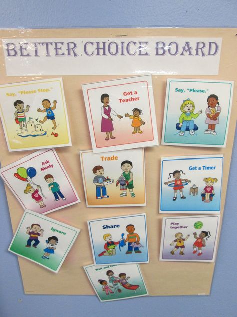 Better Choice Board.  This is a great way to teach and practice how to make prosocial choices in the classroom.  When students have conflicts with their peers they can go to the better choice board and figure out which problem solving strategy would work best. Making Good Choices Bulletin Board, Good Choice Bad Choice Activities, Preschool Choice Board, Sensory Choice Board, Choice Boards Special Education, Emotions Preschool, Problem Solving Strategies, Conscious Discipline, Choice Boards