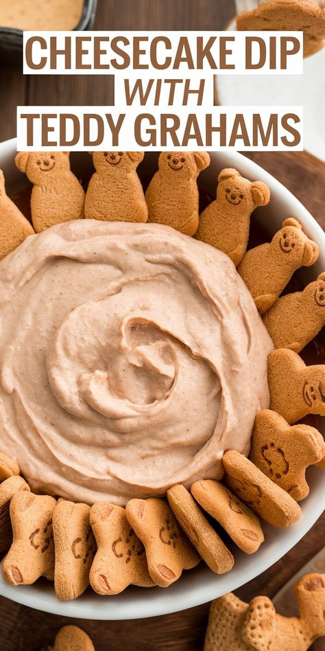 Satisfy your cheesecake cravings with this easy-to-make Cheesecake Dip! Paired with adorable Teddy Grahams, it’s a fun and delicious way to enjoy dessert any time! Animal Cracker Dip Cream Cheese, Teddy Graham Dip, Teddy Graham Cupcakes, Cream Cheese Cracker Dip, Animal Cracker Dip, Graham Cracker Dip, Cracker Dip, Teddy Grahams, Cheesecake Dip