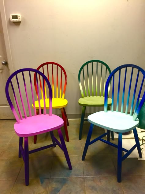 Rainbow Chairs, Rocking Chair Makeover, Painting Front Porch Concrete, Upcycle Chair, Front Porch Concrete, Concrete Painting, Painting Front Porch, Hand Painted Chairs, Whimsical Painted Furniture