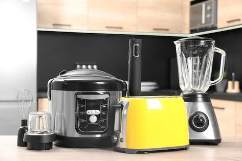 Photo modern domestic appliances on wood... | Premium Photo #Freepik #photo #kitchen #kitchen-set #kitchen-appliances #home-kitchen Table In Kitchen, Photo Kitchen, Domestic Appliances, Book Logo, Kitchen Set, In Kitchen, Wooden Table, Wooden Tables, Premium Photo