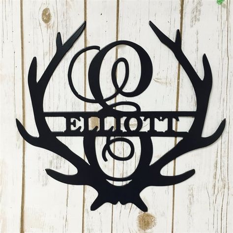 Personalized Antler Family Name Sign, Metal Name Sign, Split Letter Monogram Sign, Metal Wall Art, F Black Antlers, Antler Monogram, Cnc Plasma Table, Monogram Signs, Steel Signs, Family Name Signs, Personalized Decor, Personalized Monogram, Brushed Steel