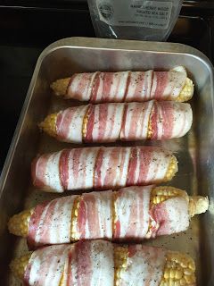 Bacon Wrapped Corn On The Cob Air Fryer, Bacon Wrapped Corn On The Cob, Healthy Side Dish Recipes, Oven Baked Corn, April Recipes, Bacon Wrapped Corn, Loteria Party, Bacon Wrapped Burger, Corn Grilled