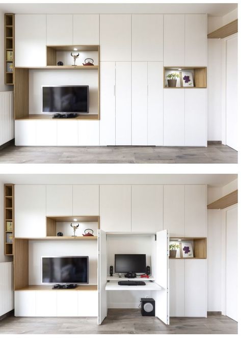 Hidden Desk In Living Room, Hidden Office In Living Room, Hidden Desk, Dj Room, Home Office Closet, Built In Shelves Living Room, Home Office Cabinets, Living Room Built Ins, Small Home Offices