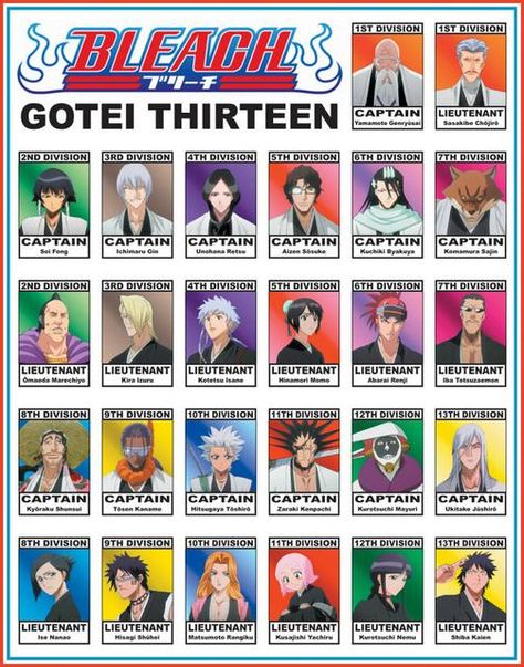 Captains and Lieutenants of the 13 court guard squads Otaku Test, Toushirou Hitsugaya, Bleach Captains, Kon Bleach, Abarai Renji, Character List, Ichigo Manga, Bleach Pictures, Kuchiki Byakuya