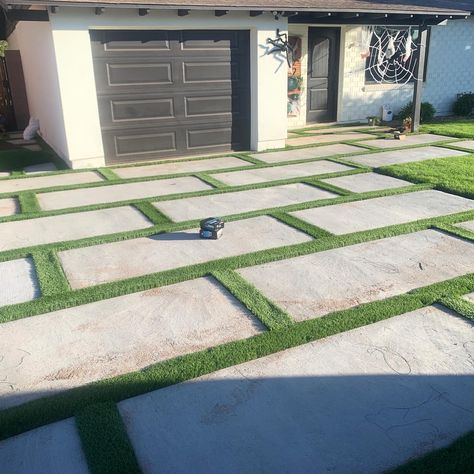 Concrete Squares Backyard, Concrete Blocks With Turf, Turf And Concrete Driveway, Concrete And Turf Driveway, Artificial Turf Driveway, Concrete Driveway With Grass Strip, Concrete Squares With Grass Between, Turf Driveway, Driveway With Grass In Between