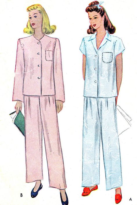 womens pajama patterns 1940 - Yahoo Image Search Results Night Wear For Women Sleep, 1950s Pajamas, Pajamas Vintage, Pajamas Pattern, Vintage Pajamas, Pajama Pattern, Convertible Collar, Womens Pajama, Vogue Sewing