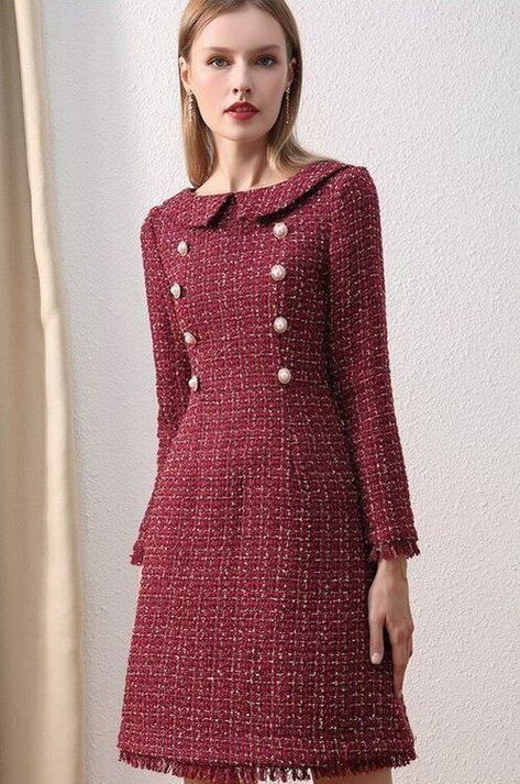 unique tea length dress and new  beautiful design idea Winter Dress For Women, Tweed Outfits, 60s Outfits, Tweed Fashion, Modern Fashion Outfits, Winter Suits, Woolen Dresses, Wine Dress, Summer Trends Outfits