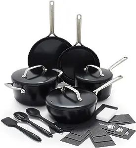 GreenPan GP5 Hard Anodized Advanced Healthy Ceramic Nonstick, 14 Piece Cookware Pots and Pans Set with Insulated Lids, Induction, Dishwasher Safe, Oven & Broiler Safe, Black Black Pots And Pans, Pan Protectors, Braised Chicken Thighs, Kitchen Icon, Ceramic Cookware Set, Small Fry, Induction Cooking, Slotted Spoon, Ceramic Cookware