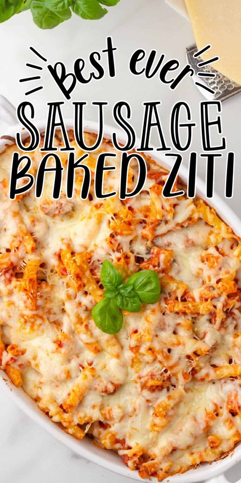 With only a few ingredients, this sausage baked ziti recipe makes the perfect weeknight meal paired with a salad and fresh bread! Sausage Baked Ziti, Italian Sausage Recipes Pasta, Sausage Penne, Baked Ziti With Sausage, Pasta Ideas, Sausage Peppers And Onions, Sausage Crockpot, Easy Baked Ziti, Ziti Recipe