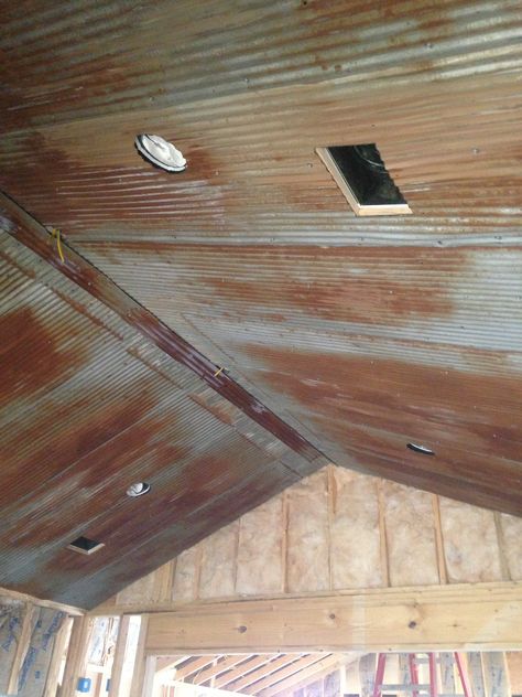 Kitchen ceiling Cabin Ceilings Ideas, Tin And Wood Ceiling, Tin On Ceiling, Painted Corrugated Metal Ceiling, Corrugated Tin Ceiling Kitchen, Shop Loft Ideas, Copper Tin Ceiling Kitchen, Rusted Tin Ceiling, Corrugated Tin Ceiling