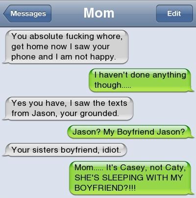 Ooops, wrong daughter. Disney Puns, Cheating Texts, Text Messages Mom, Text Messages Boyfriend, Minion Memes, Chat Messages, Hilarious Texts, Funny Sms, Really Funny Texts